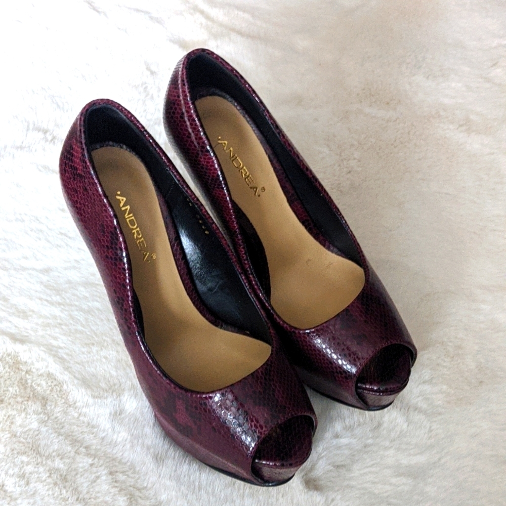 ANDREA Red Snake Print Leather Platform Heels size 7